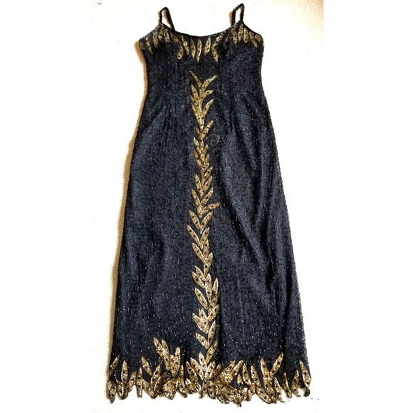 VINTAGE Womens Dress-JASZ COUTURE by ADAGIO BELLA-black silk beaded gown maxi-14 - Picture 1 of 8